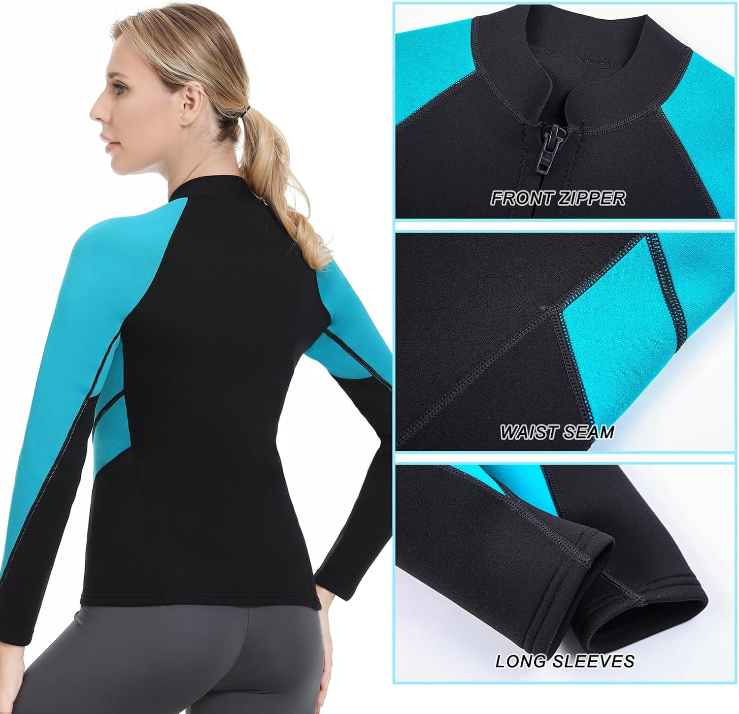 Women Men Top Wetsuit Jacket, 2mm 3mm Neoprene Swim Wet Suit Shirt Long Sleeves Front Zip for Adult Youth Cold Water Snorkeling Diving Surfing Watersports - Image 6