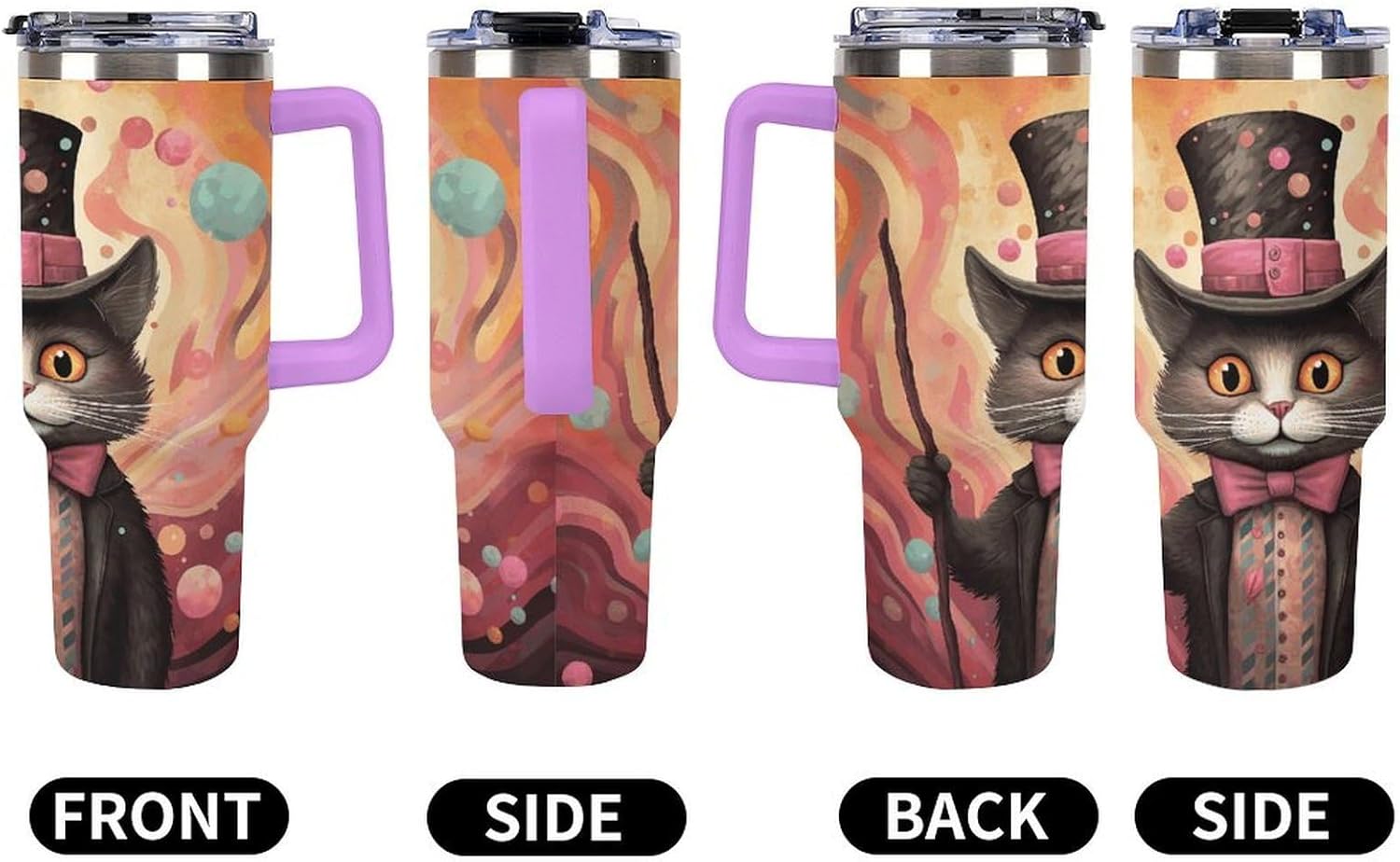 Large Car Cup with Handle&Lid Fashion Cat Holding A Cane Tumbler Sturdy Insulated Water Bottle Stainless Steel Vacuum Travel Mug Portable Coffee Cup for Home Outdoor 40 Oz Violet-style