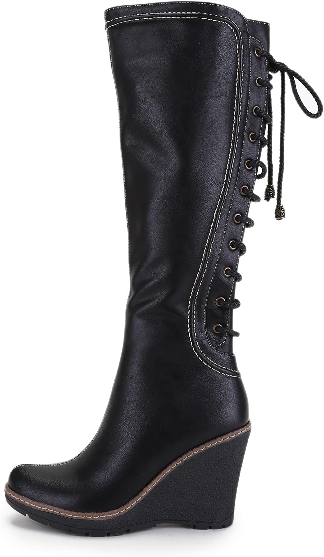 ANN CREEK 'Camuy' Stitching Back Lace Knee-High Wedge Boots Black