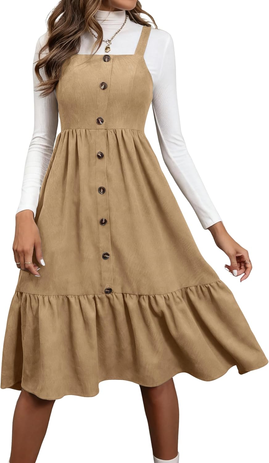 chouyatou Women's Sexy Spaghetti Strap Ruffle Hem Corduroy Dress A Line Pinafore Overall Jumper Midi Long Dress