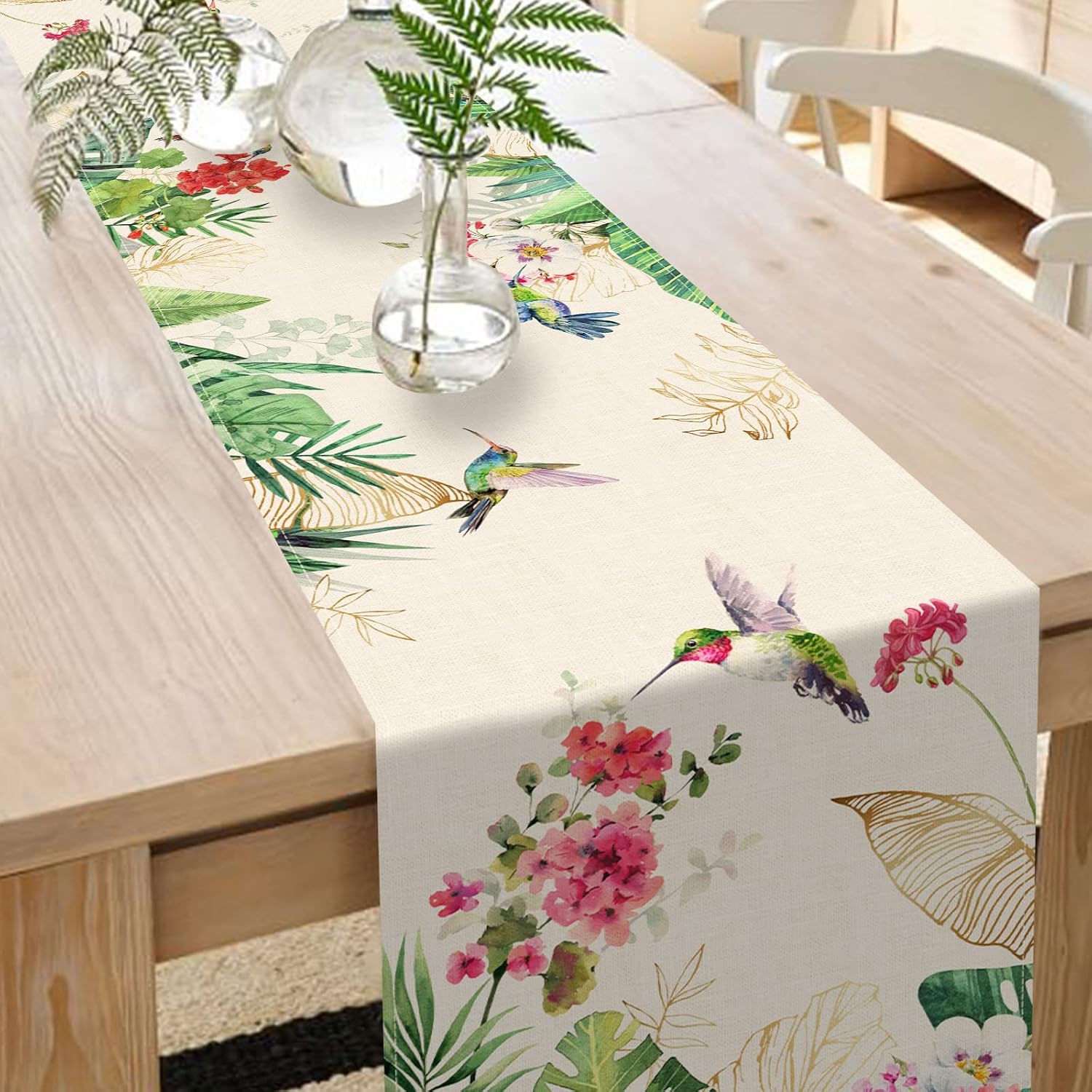 Seliem Summer Tropical Hummingbird Palm Leaf Greenery Table Runner, Spring image 5