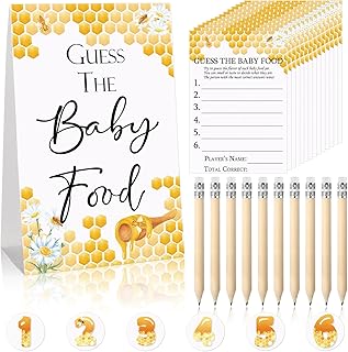 67 Pcs Guess the Baby Food Game Honey Bee Baby Shower Games Set 1 Standing Sign 50 Answer Cards 10 Pencils 6 Number Stickers for Gender Reveal Party Decoration Supplies