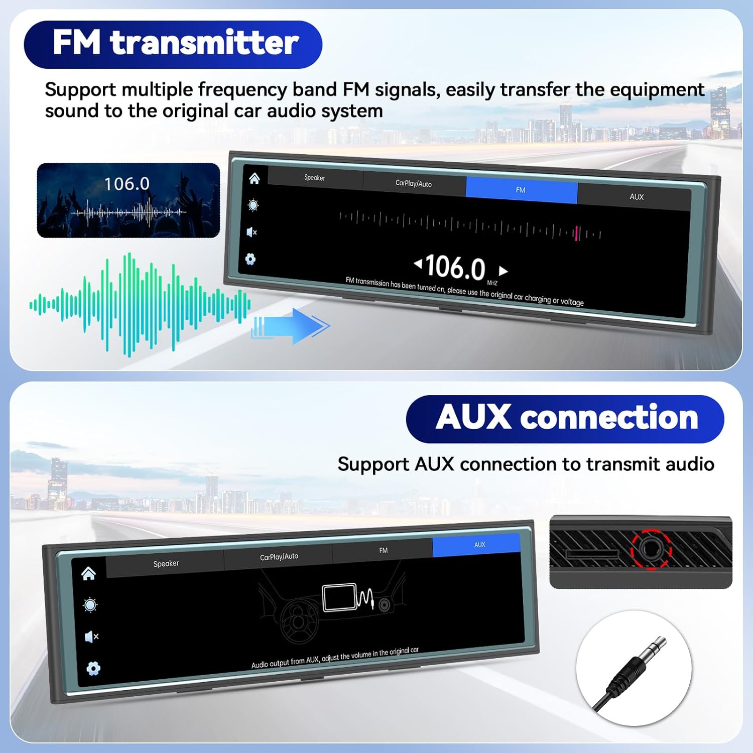 CAMECHO RM Mirror Dash Cam showing FM transmitter interface and AUX connection port.