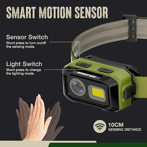 Miniatura 4 de Mossy Oak Linterna frontal LED de 600 lúmenes, fuente de alimentación dual, lámpara de cabeza con sensor de movimiento con base magnética,