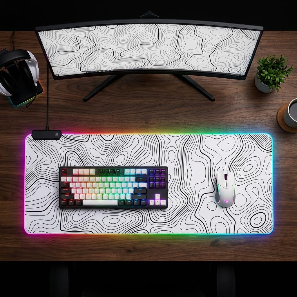 Podkładka pod mysz RGB LED podkładka na biurko duża gamingowa podkładka pod mysz biała z czarnym wzorem topograficznym linii, podkładka pod klawiaturę XL podkładka pod mysz do domu i biura (biała z