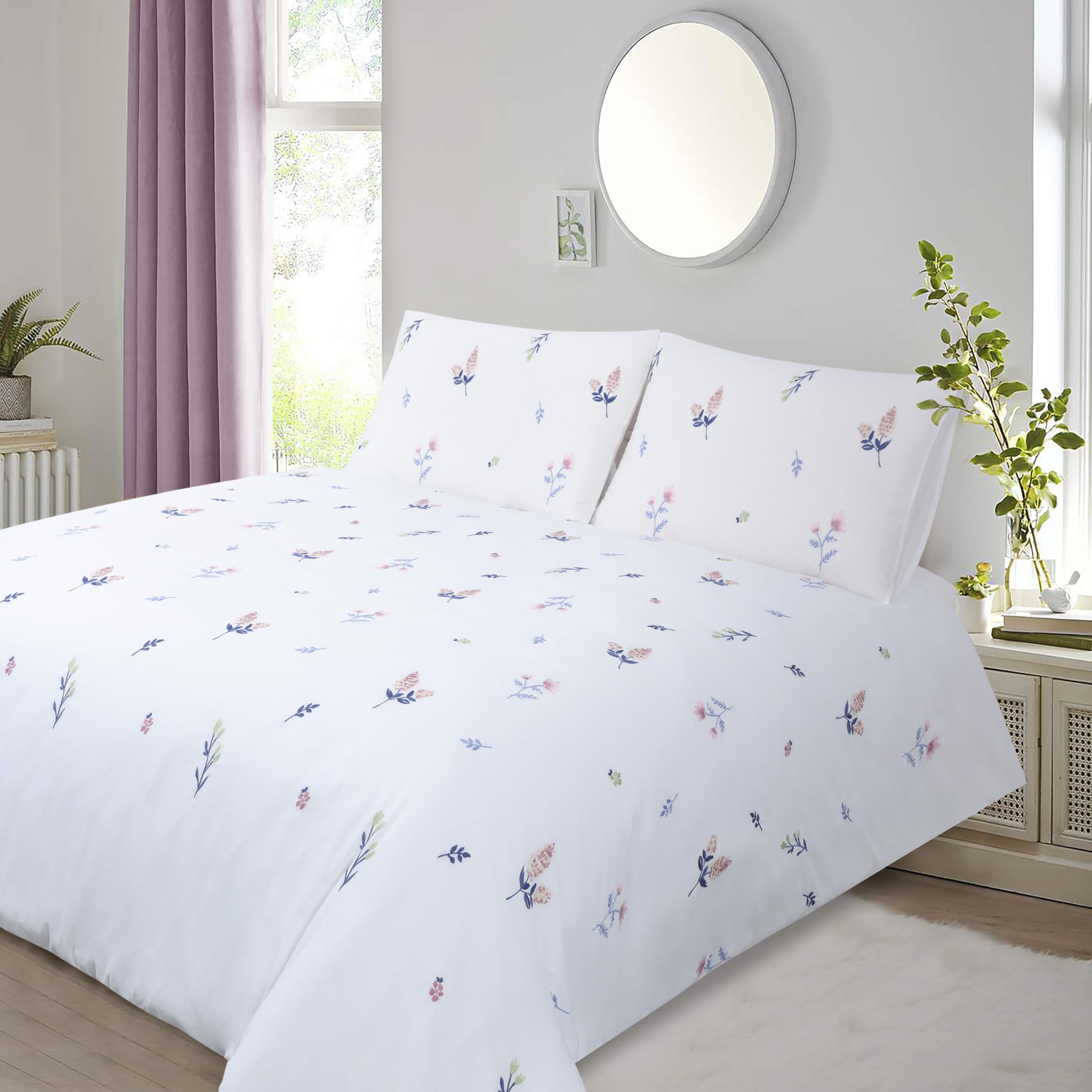 YINFUNG King Size Duvet Cover Sets White Bedding Embroidered Floral Bedding Cotton Flower Quilt Cover Soft Breathable with 2 Pillow Cases (White, King 230x220 cm)