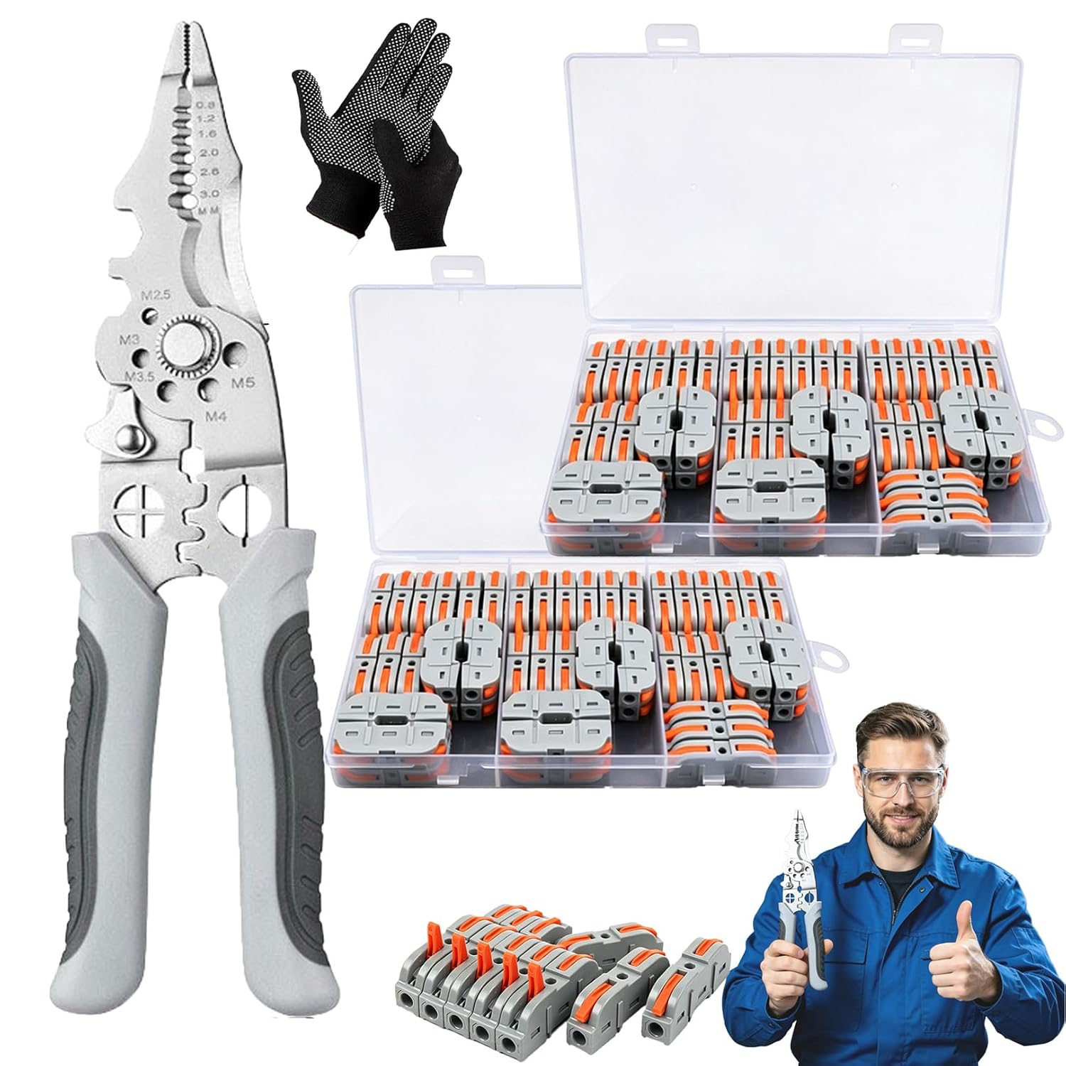 Universal Quick Lever Electrical Wire Connectors (24-12 AWG) Assortment (50/100/150Pcs) + Wire Stripper, 1 in 1 Out Push-in Wire Splicing Connectors for Inline Terminals (150pcs)