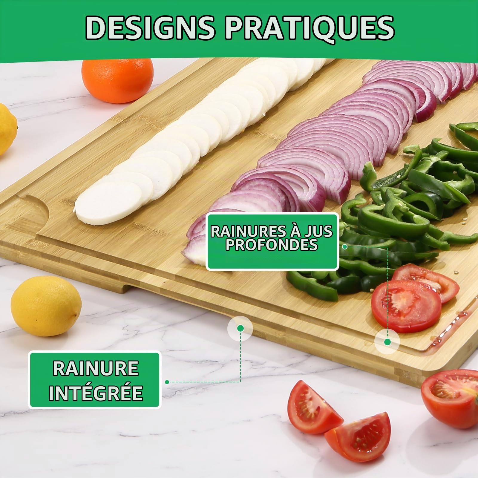 Planche à découper en bois - 76 x 51 x 2 cm - En bambou - Avec poignées et rainure profonde - Idéale pour les couteaux - Rectangulaire - Utilisable des deux côtés - Pour viande, légumes et pain
