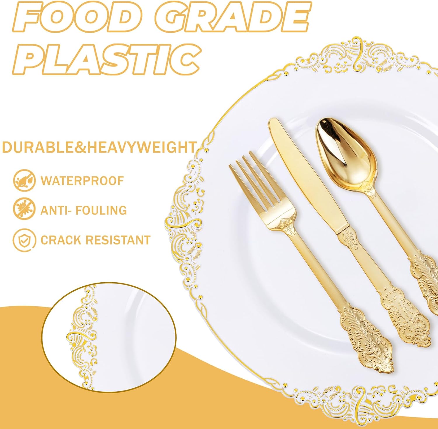 125PCS White and Gold Plastic Plates - Gold Disposable Plates with Plastic Silverware - Vintage Disposable Dinnerware Set for 25 Guests for Parties Holiday