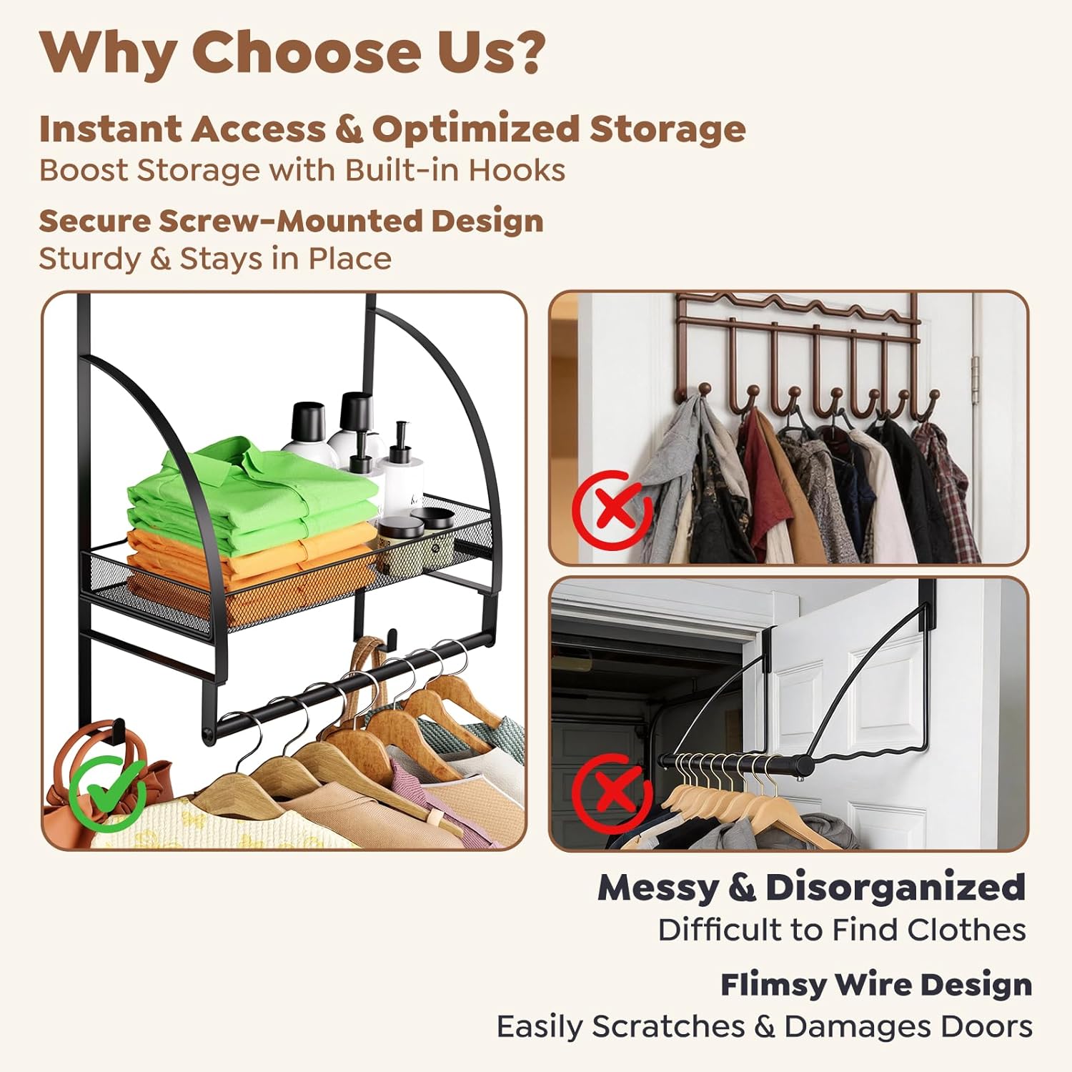 Over The Door Clothes Hanger Drying Rack, Over Door Drying Rack with Storage Basket and Hooks for Hanging Towels, Coats & Clothes, Door Hanger Organizer for Bathroom Laundry Dorms Washroom (Black)