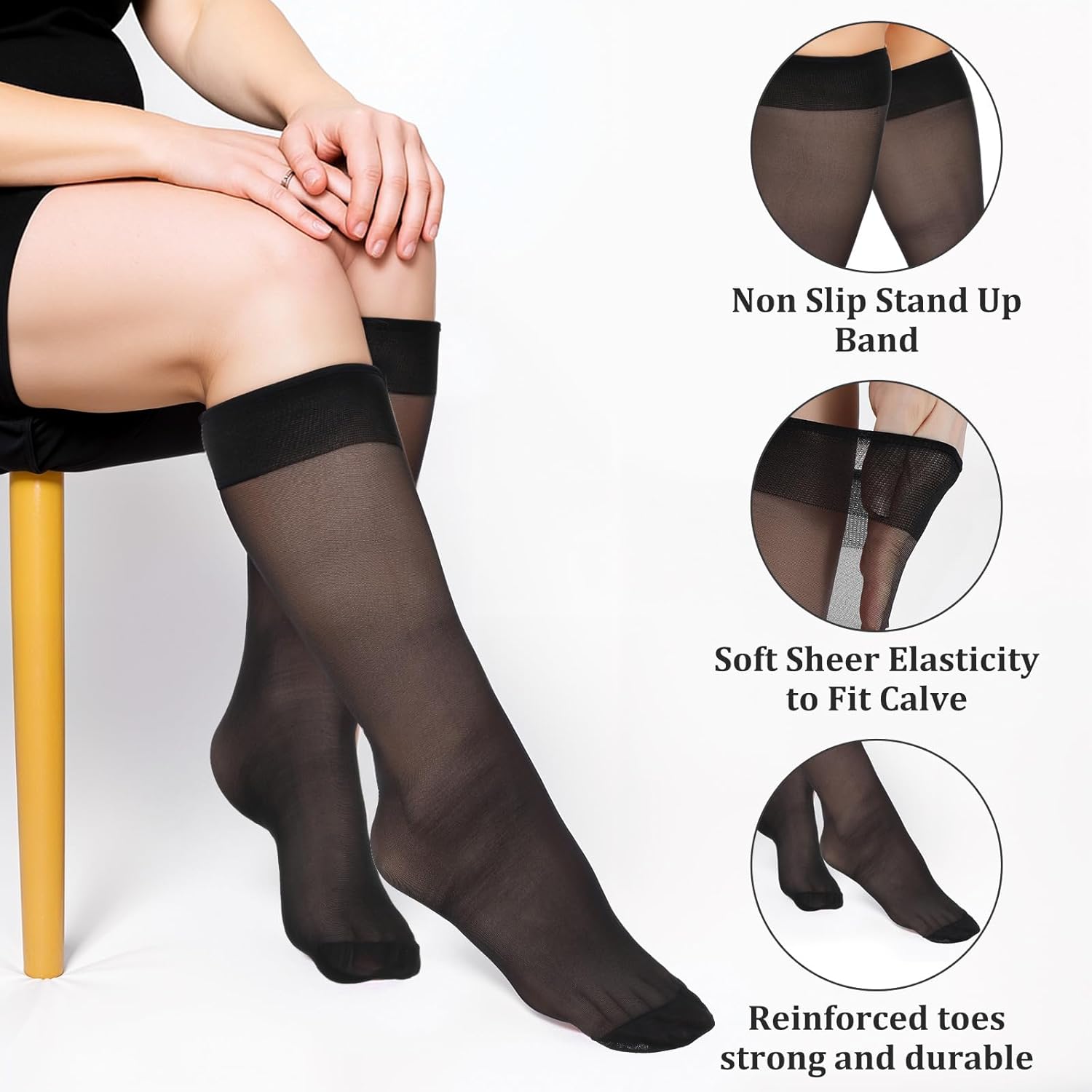 6 Pairs Plus Size Knee High Stockings for Women, 15D Black Nylon Stocks with Wide Calf Stretchy Silky Soft - Image 2