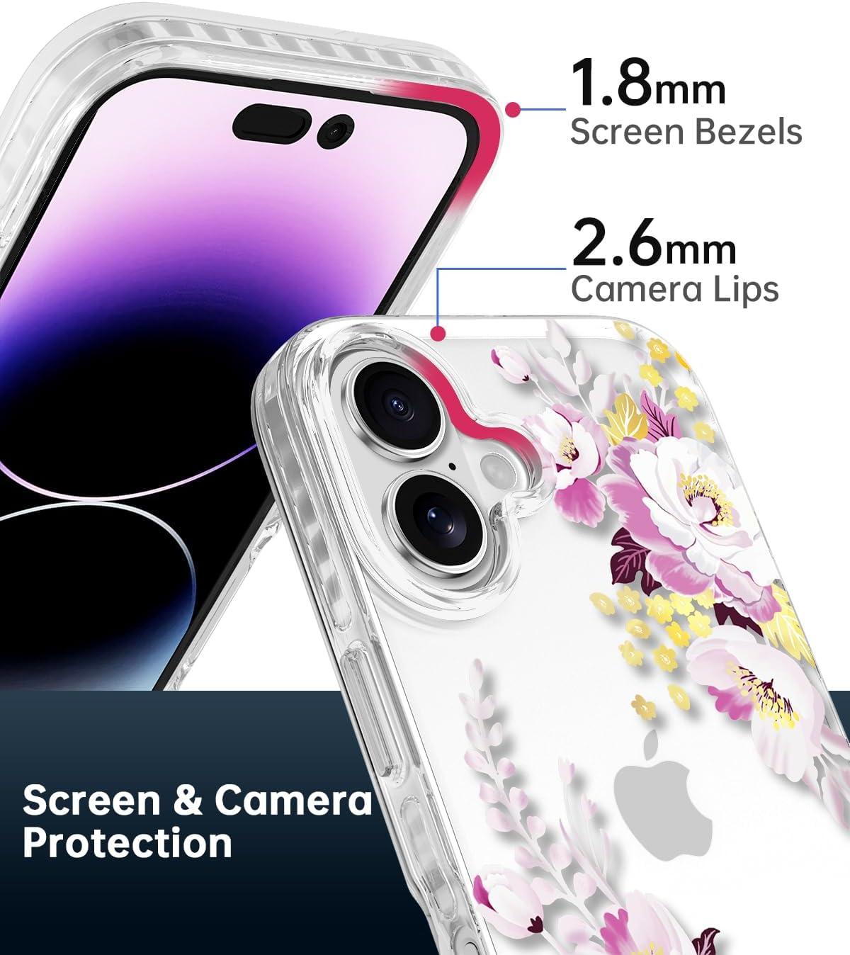 SCORPIFY for iPhone 16 Case with Purple Peony Floral Design, Cute Clear Flower Phone Cover for Women Girls, [Non Yellowing] Slim Shockproof Bumper with Gold Accents