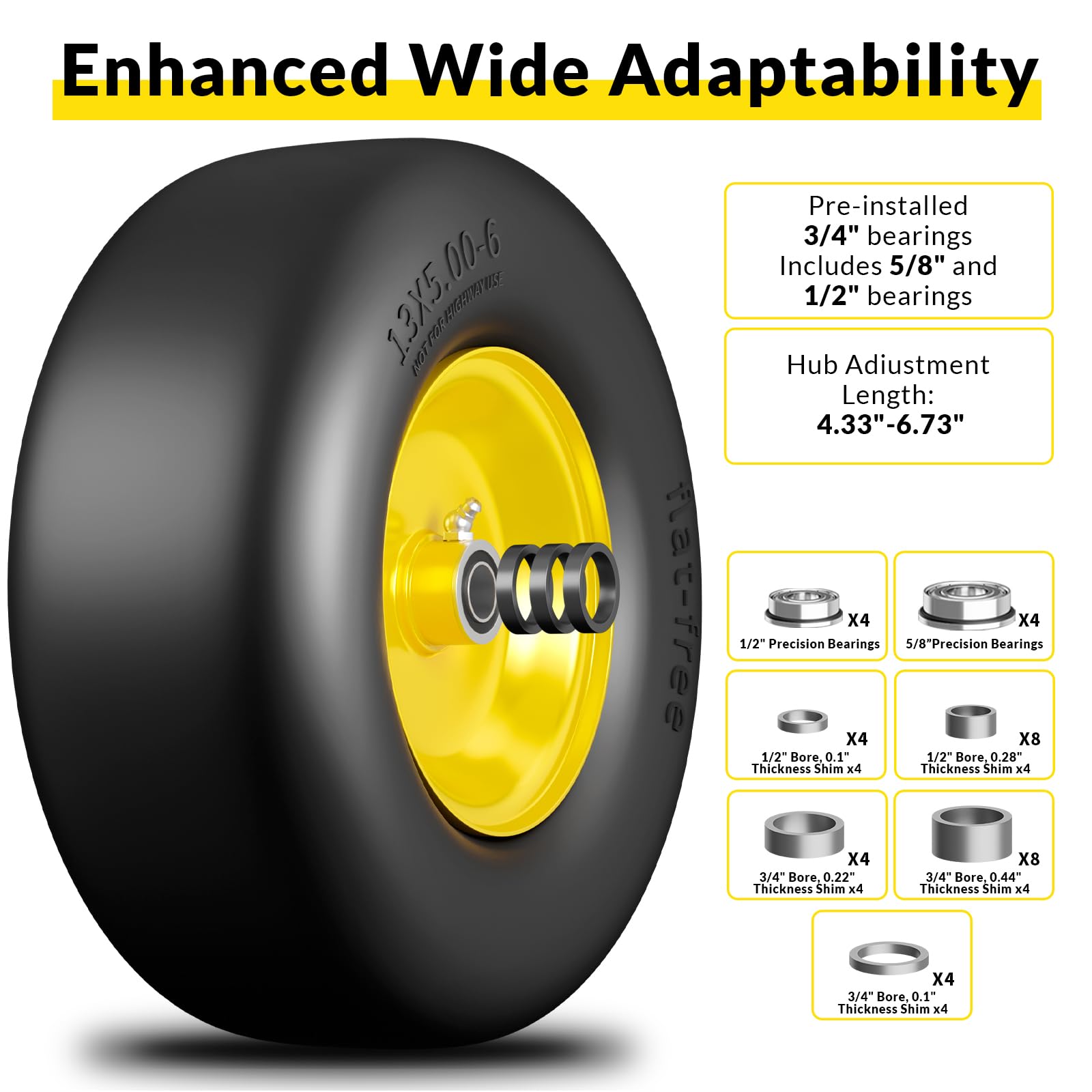 RONPOW 13x5.00-6 Flat Free Lawn Mower Tire and Wheel, 13x5x6 Solid