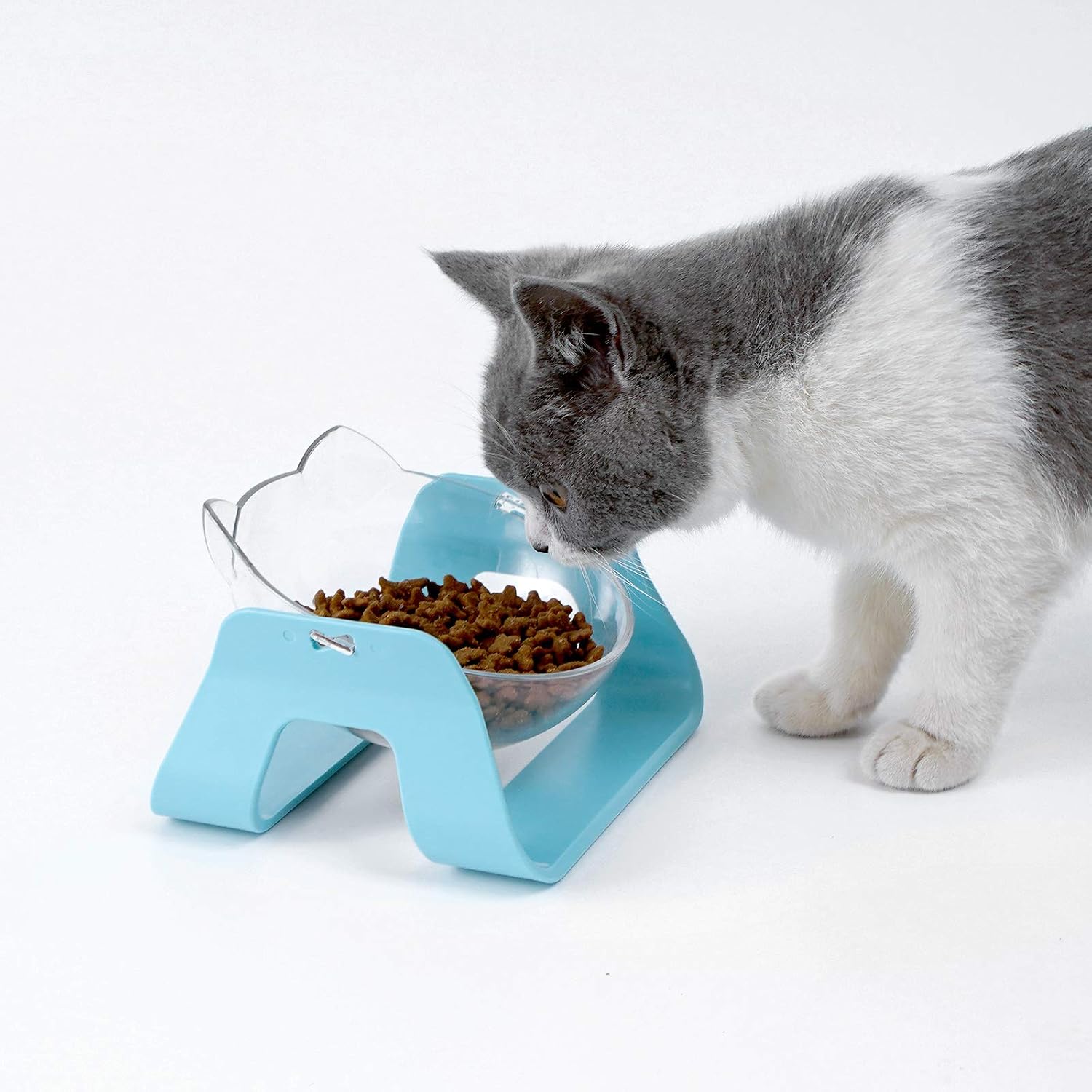 GAPZER Raised Cat Bowl with Detachable Stand, 15° Tilted Adjustable Elevated Pet Feeder (Blue)