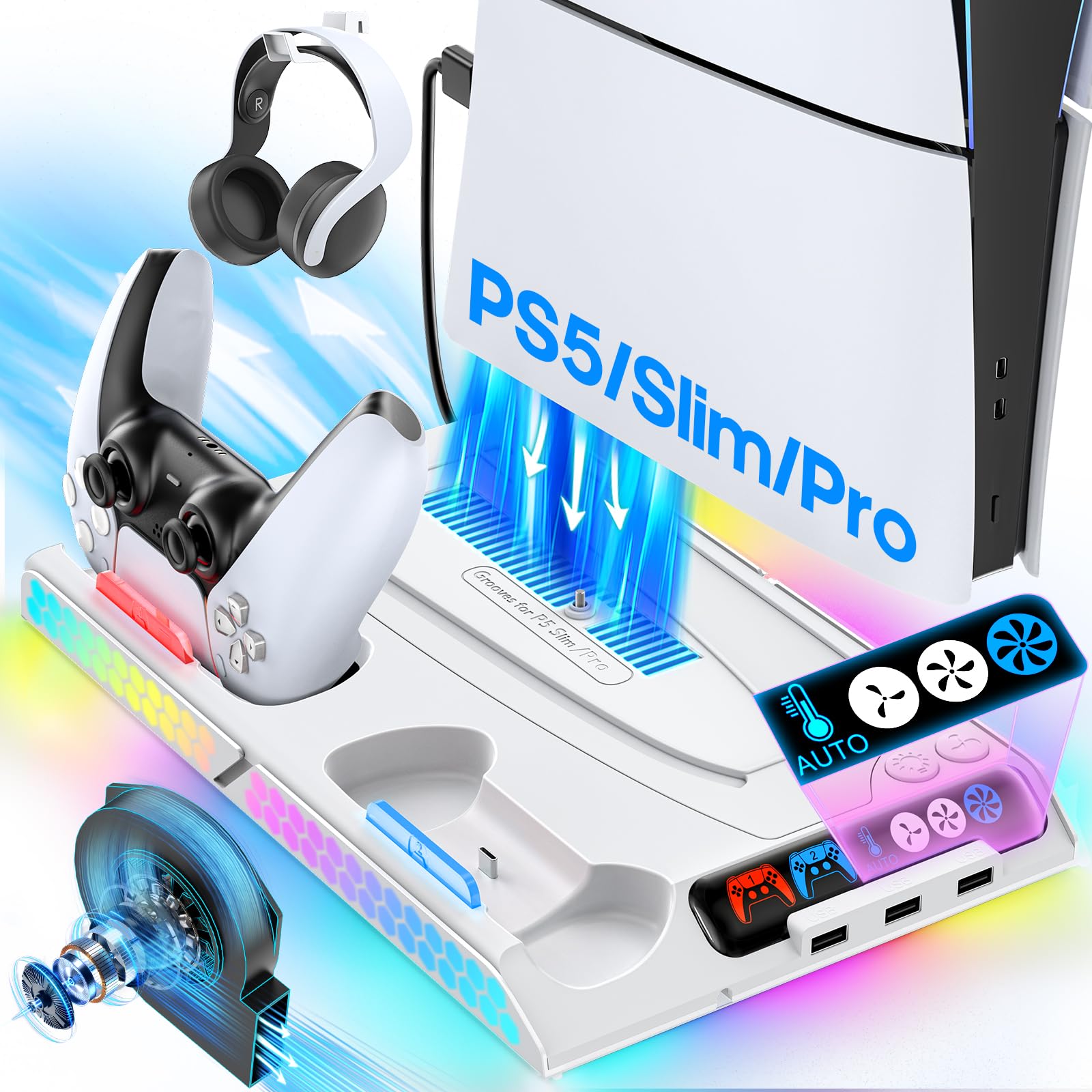 Cooling Station and Stand for PS5 Slim Pro PS5 Cooling Fan Auto Control for Digital Disc Console PS