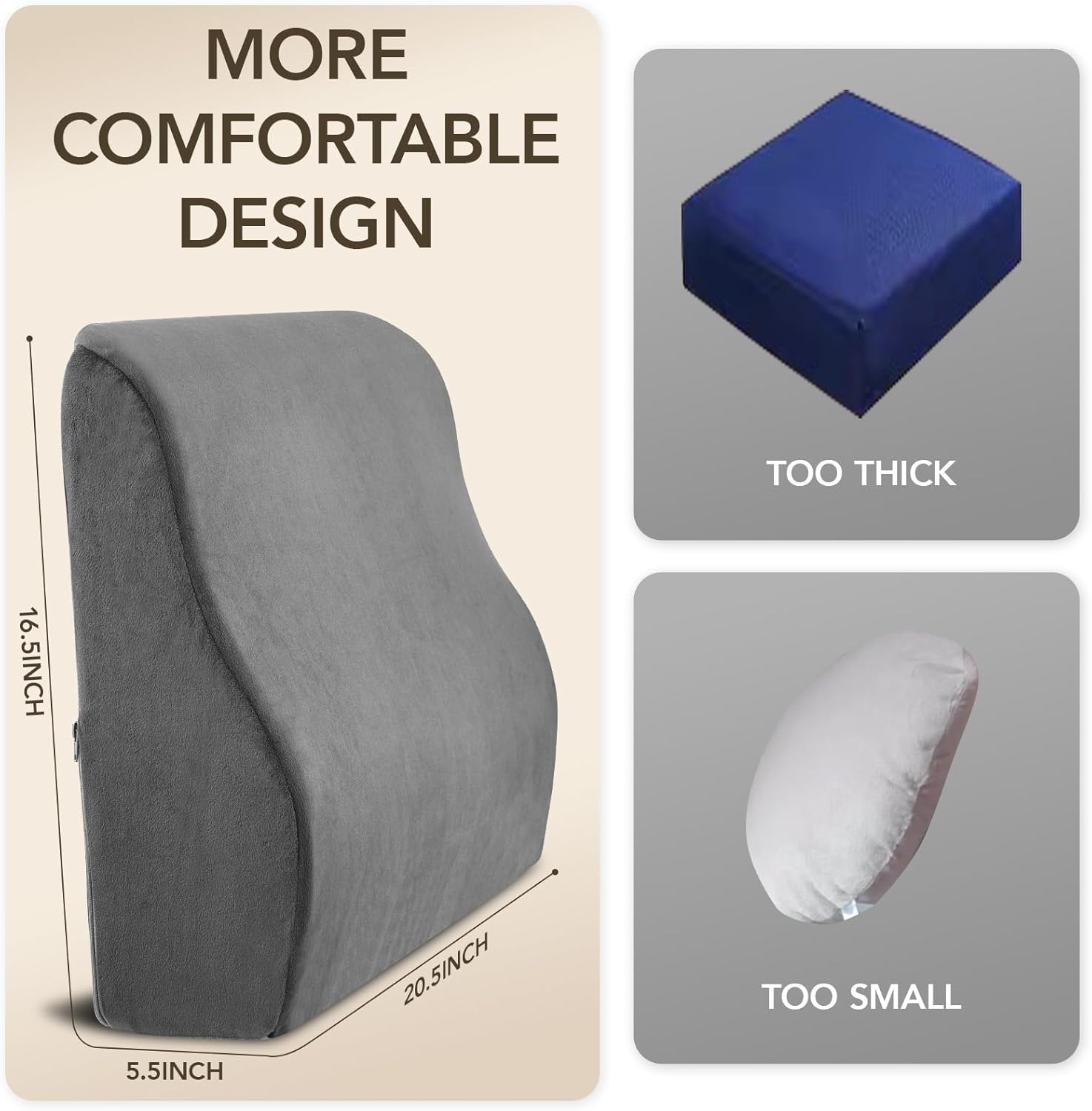 Lumbar Support Pillow for Recliner,Large Memory Foam Back Support Cushion for Sofa & Gaming Chair, Ergonomic Backrest Pillow for Elderly, Comfortable Couch Cushion with Machine Washable Cover,Gray