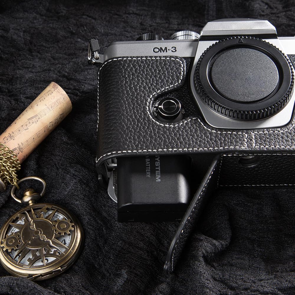 Handcrafted Genuine Leather Camera Case, Vintage Half-Wrap Camera Protector For OLYMPUS OM-3 (Black)