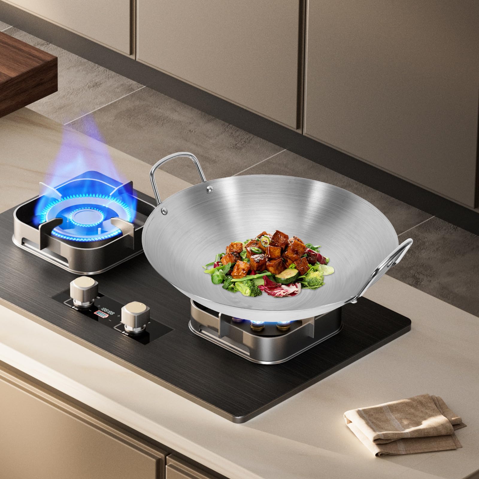 Zerodeko Wok Friggere Patatine Grande Capacità e in Fondo Rotondo Inossidabile Riscaldamento Uniforme per Barbecue