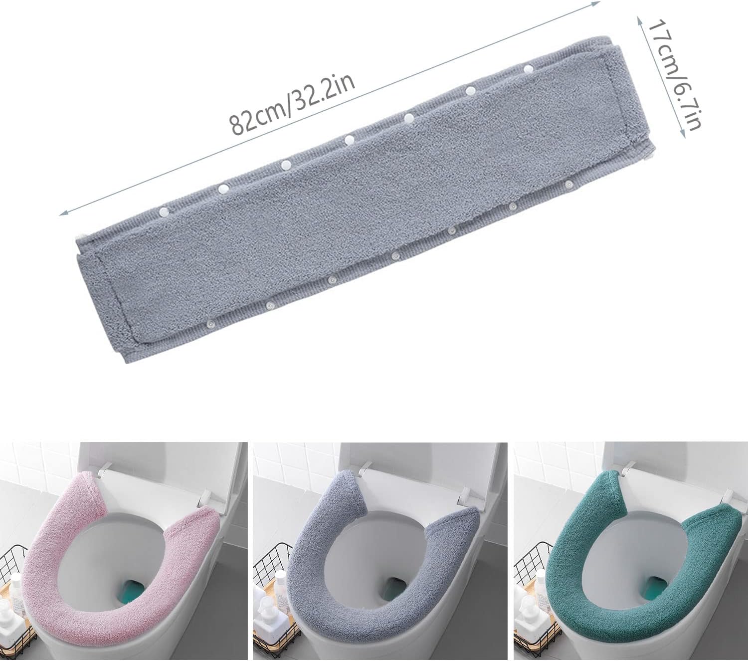 3Pack Toilet Seat Cover,Bathroom Soft Thicker Warmer with Snaps Fixed Stretchable Washable Fiber Cloth Toilet Seat Covers Pads (Gray,Pink,Green)