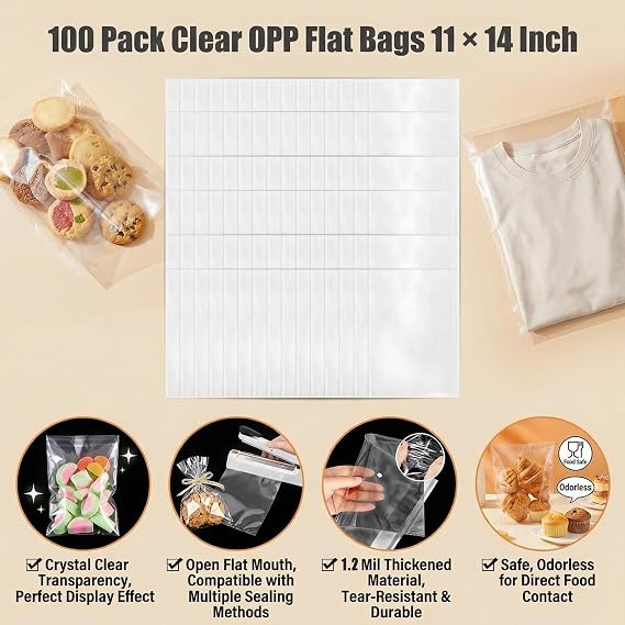 echo-ove Clear Flat Cello/Cellophane Treat Bag 11x14 Inch Gift Basket Supplies Cookies Chocolate Candy Bakery Packing Bag Food Grade Biscuits Packing Container Pack of 100