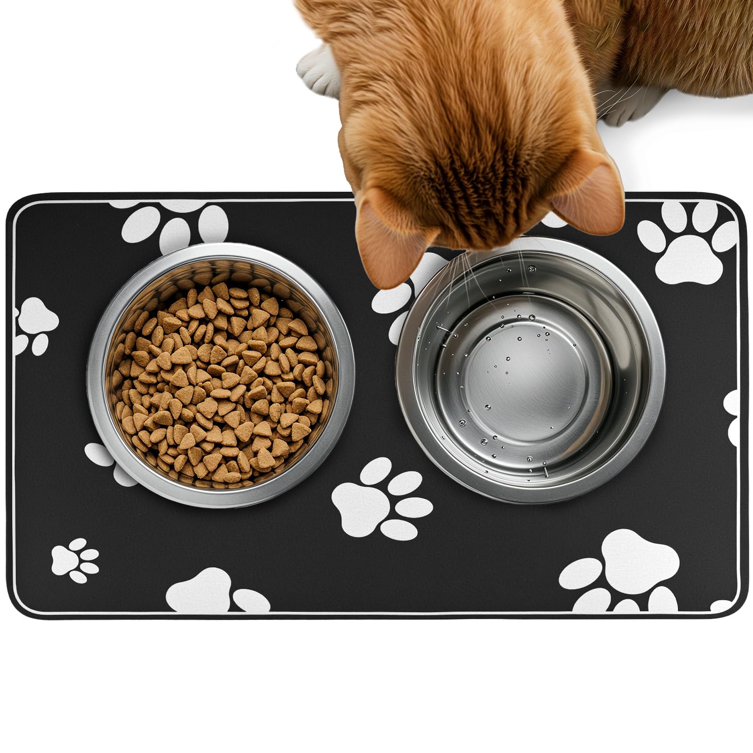 QWORKยฎ 30x50cm Water Absorbent Pet Feeding Mat, Pet Food Bowl Placemat, Easy Clean Feeder Mat for Dogs & Cats, Anti-Slip, Black