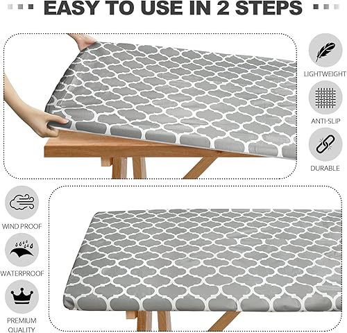 Miniatura 4 de Senneny Juego de 3 fundas para mesa de picnic ajustables con funda de banco y bolsa con cordón, mantel de vinilo 100% impermeable con respaldo de