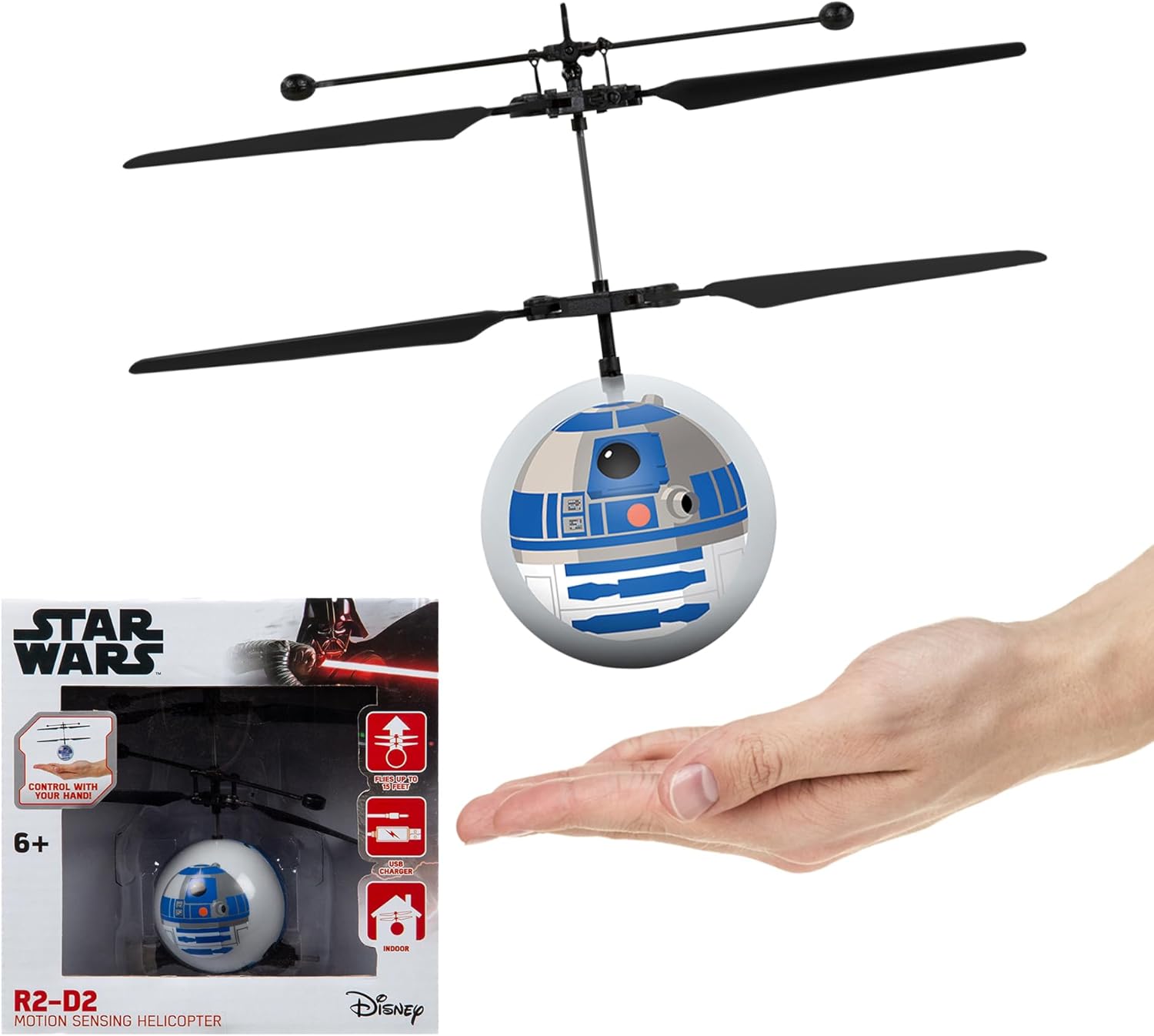 World Tech Toys Star Wars R2D2 Flying Toy – Motion Sensing Flying Ball with USB Charging - Star Wars Licensed - Indoor/Outdoor Drone for Kids Ages 6+