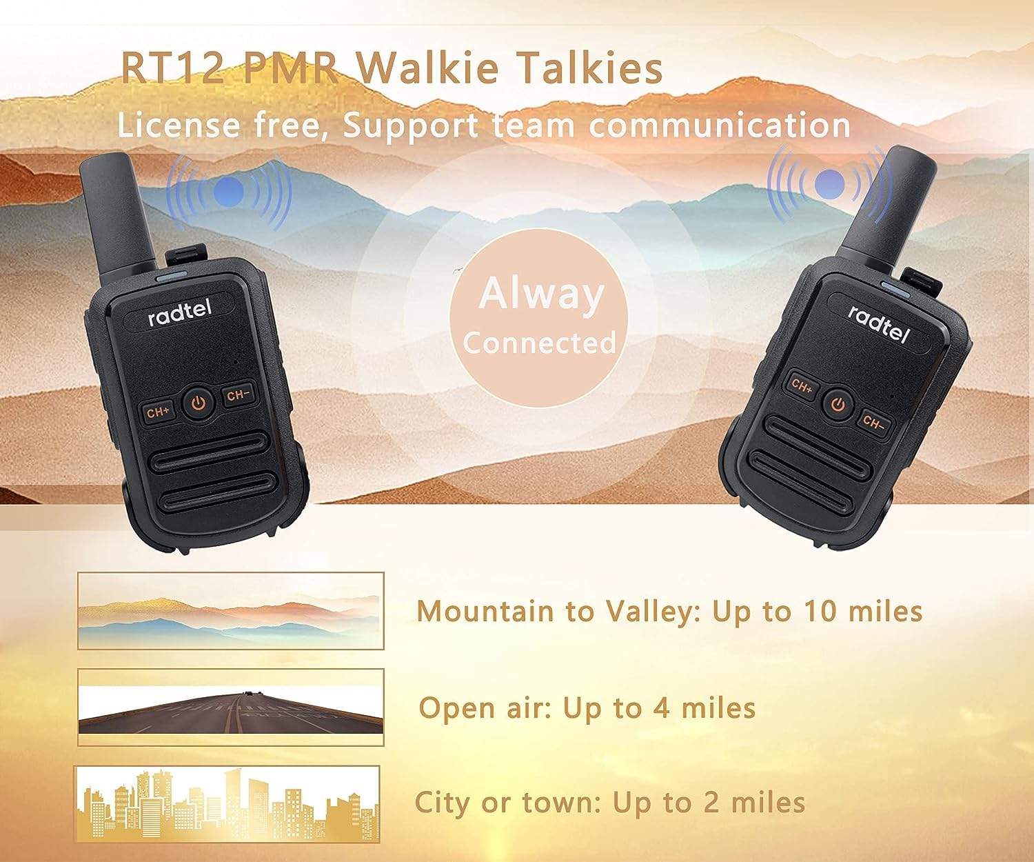 Radtel RT12 PMR 446 Walkie Talkie Recargable 16 Canales de Radio sin Licencia CTCSS DCS Walky Walky Radio con Carga USB para la construcción Restaurante Supermercado（4 Pack） (Negro)
