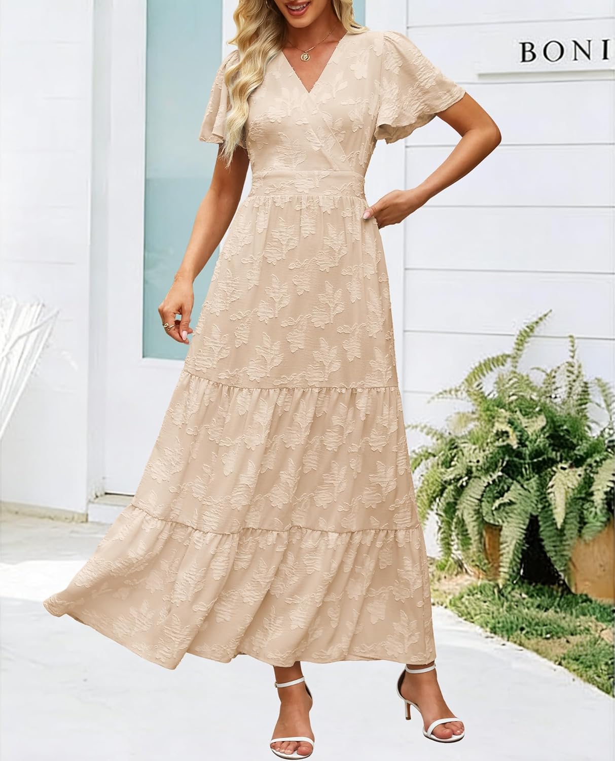 Womens Boho Floral Maxi Dress Elegant Wrap V Neck Short Flutter Sleeve Flowy Tiered A Line Summer Beach Wedding Guest Dresses - Image 6