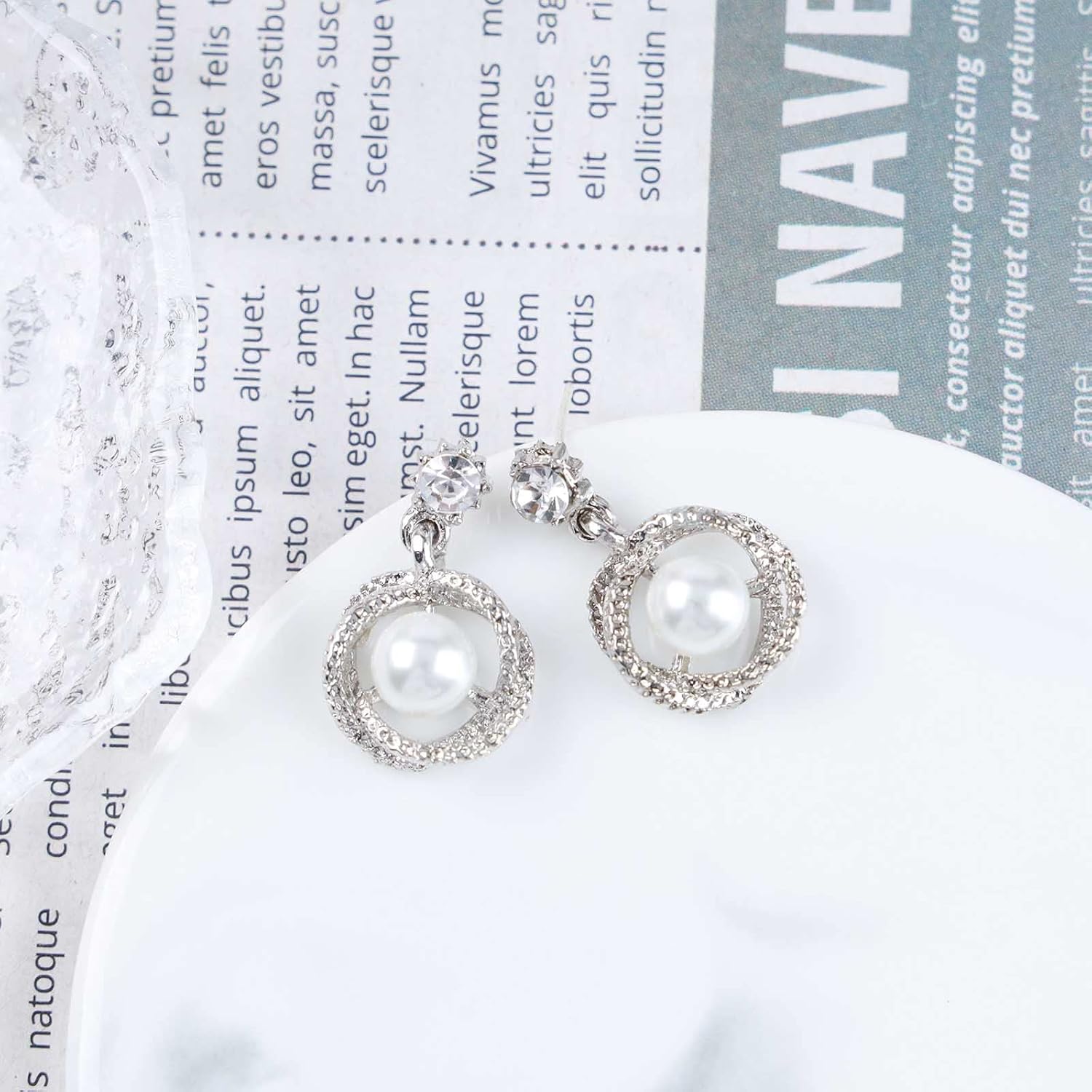 Vintage Circle Pearl Drop Earrings Silver Crystal Stud Earrings Hollow Circle Dangle Earrings Eternity Pearl Earrings Pearl Cz Wedding Earrings Jewelry for Women - Image 5