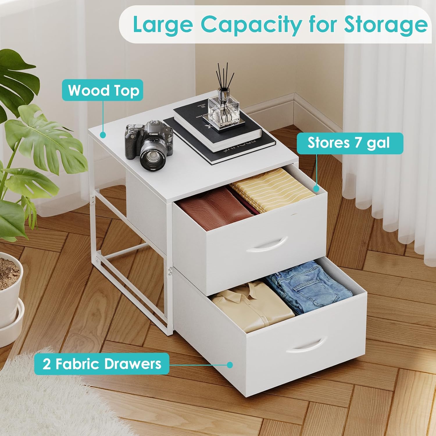 2 Pack Stackable Storage Closet Drawers, White Closet Organizers and Storage, Small Drawers for Closet with Wooden Top & Metal Frame, 2 Tier Modern Short Dresser for Bedroom,Dorm,Living Room, Office