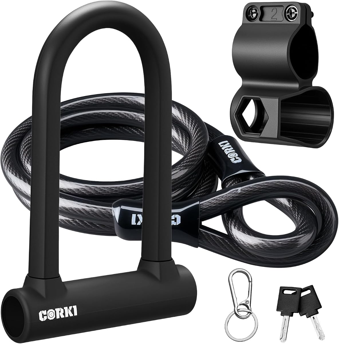 Bike Lock Heavy Duty Anti Theft with 5ft Cable Bicycle U Lock | 17mm Shackle, Hardened Steel, Soft Silicone Outside, Keys and Mounting Bracket Included, For Ebike Scooter Motorcycles