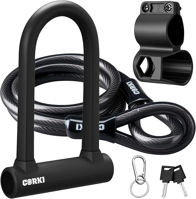 Bike Lock Heavy Duty Anti Theft with 5ft Cable Bicycle U Lock | 17mm Shackle, Hardened Steel, Soft Silicone Outside, Keys and Mounting Bracket Included, For Ebike Scooter Motorcycles