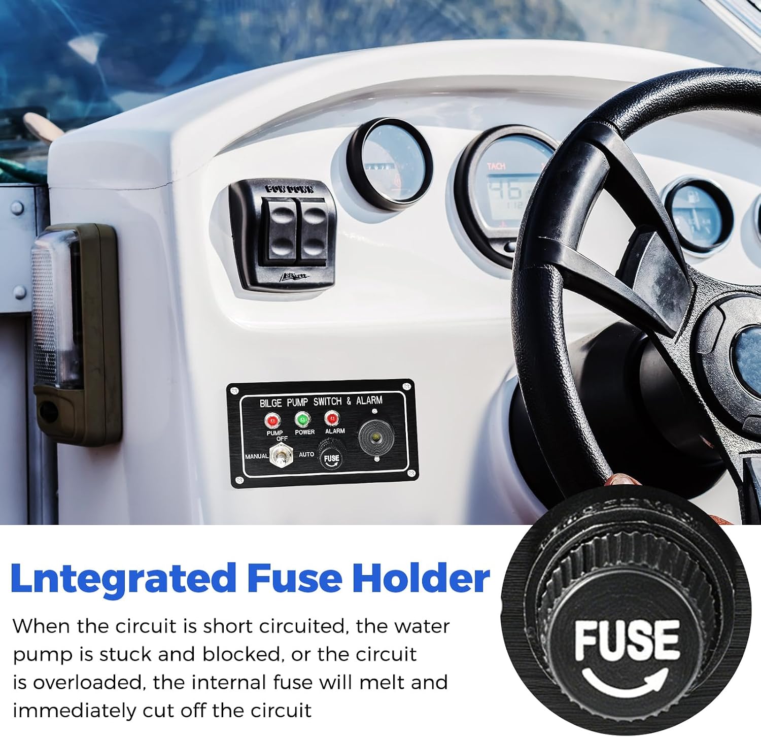 2-in-1 Bilge Pump Switch & Alarm Panel, 12V Auto/Off/Manual, Water Level Control & High Water Alarm for Boat, with Light Indicator & Fuse Protection, Automatic Bilge Pump Activation with Float Switch