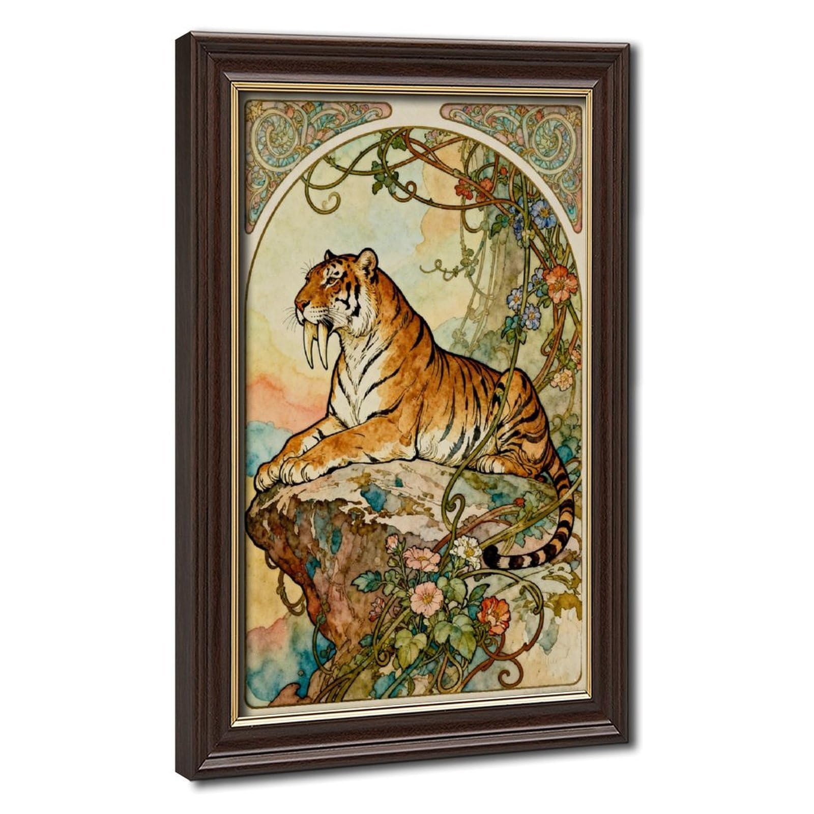 Bareronor Mokume Gane Frame-Style Retro Fanged Tiger Canvas Poster For Bedroom Decor Gift