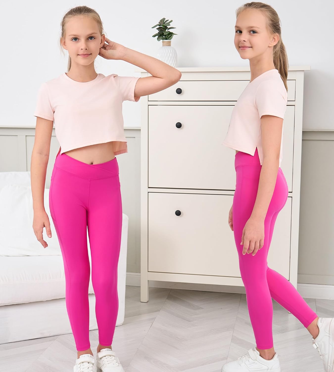 Girls Crossover Yoga Pants, Kids Athletic Leggings with Pockets, Teen Girls Dance Running Workout Leggings - Image 2