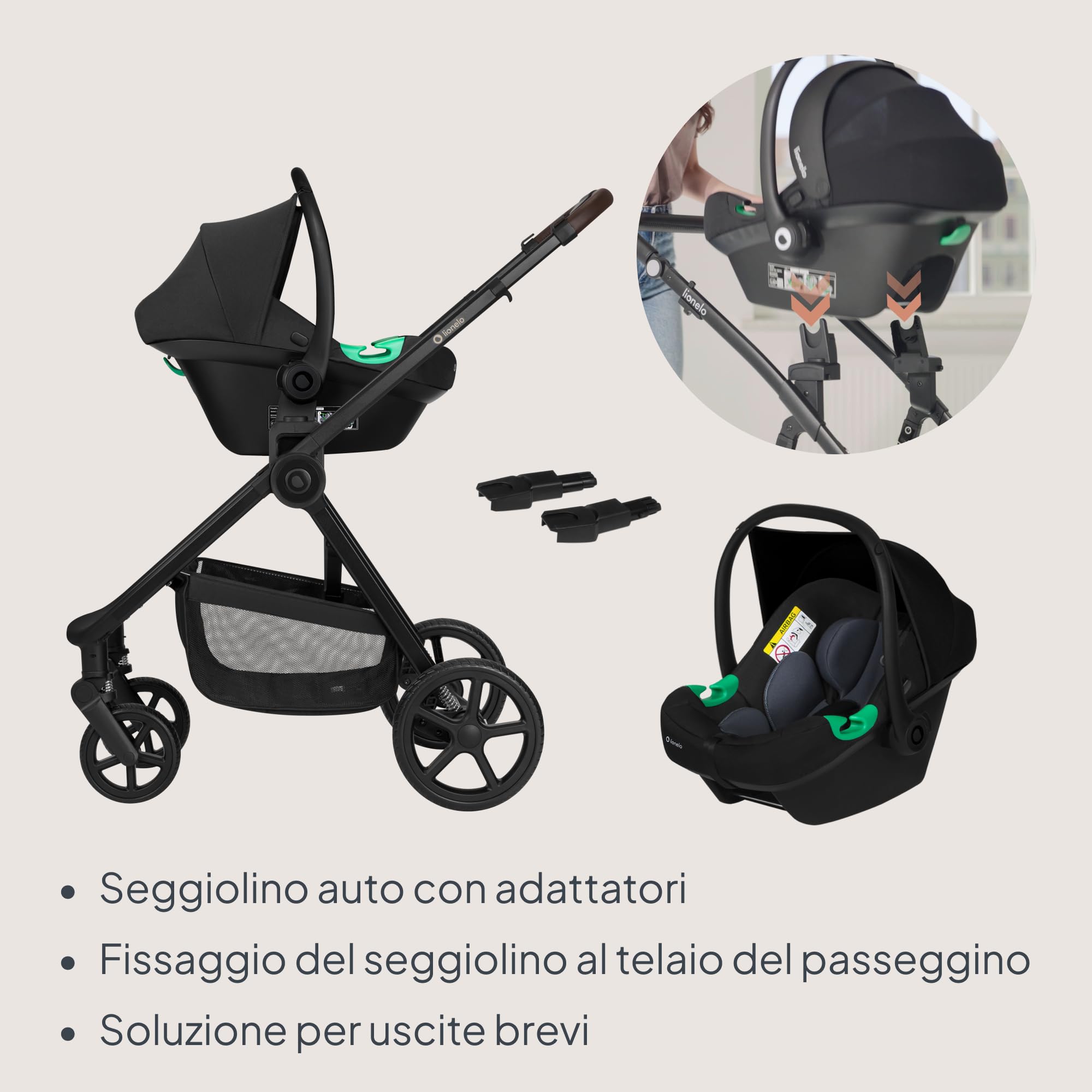 LIONELO Greet Passeggino Trio 3 in 1 Leggero da 0 a 4 Anni, fino a 22 kg | Sistema Modulare con Navicella, Seduta Reversibile e Seggiolino Auto, Sospensioni, Posizione Reclinata, Cappottina UPF50+