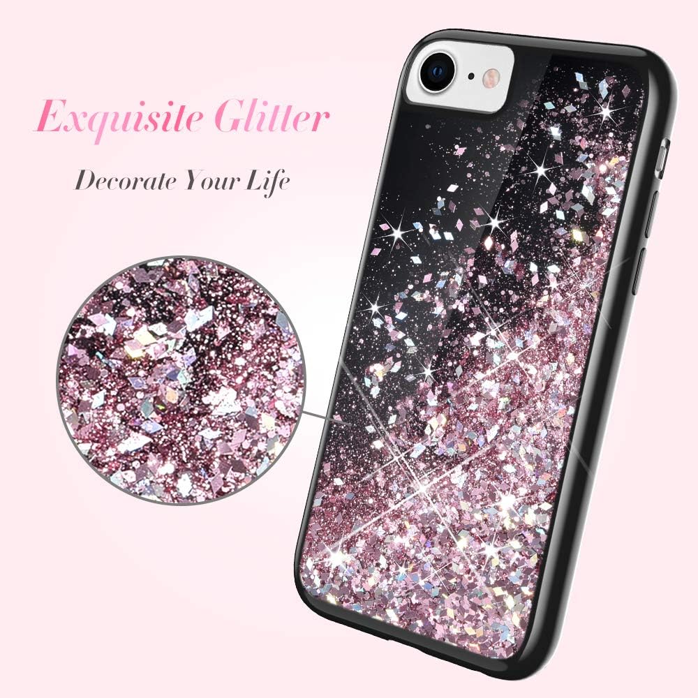 Caka Glitter Case for iPhone SE 2020 2022 5G Case for Women Girls Glitter Bling Liquid Flowing Sparkle Glitter Case for iPhone 7 8 SE 2020 2022 (4.7 inch) (Black Rose Gold)