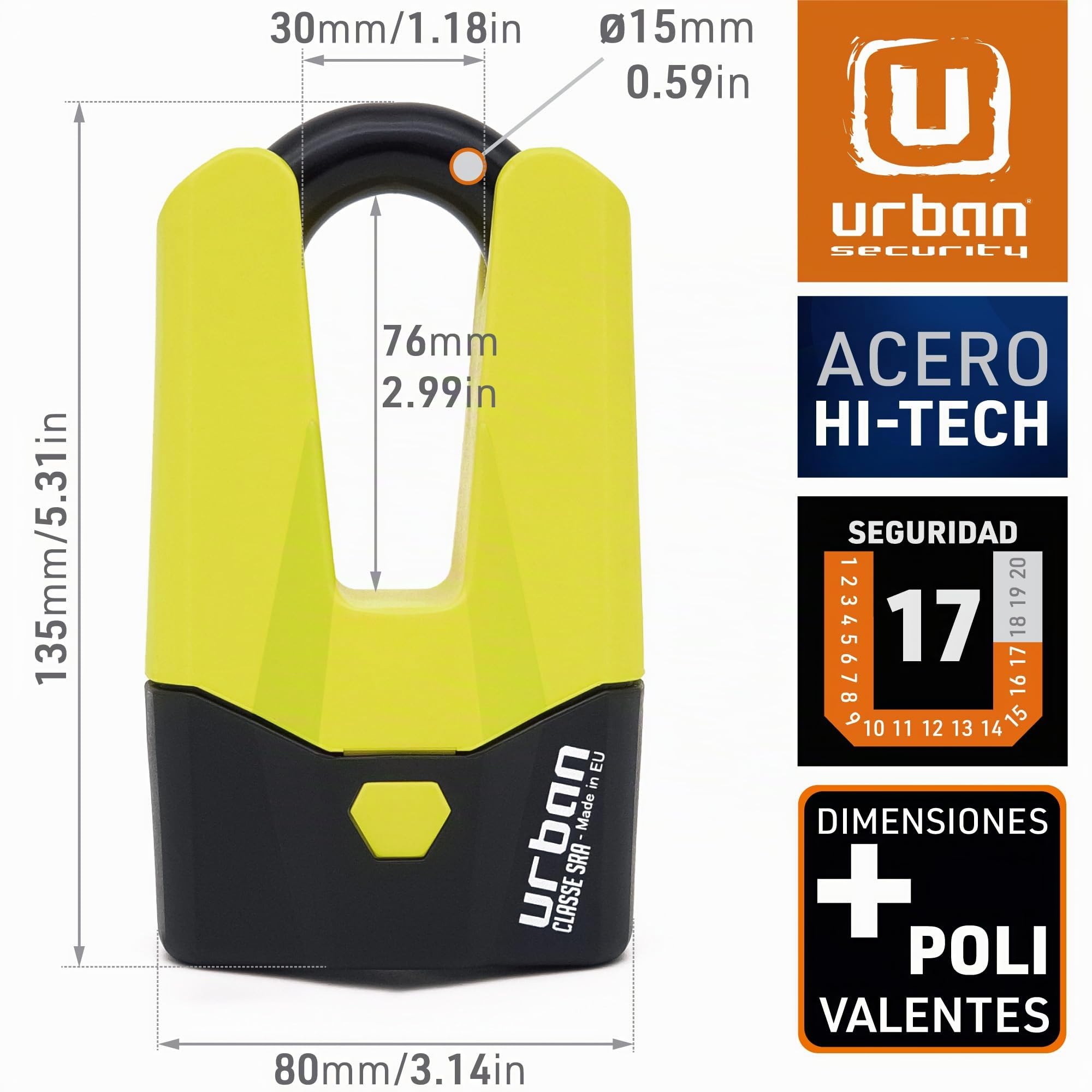URBAN U9DY Candado Moto Disco Mini U Homologado SRA, Máxima Seguridad Completamente Testado, Horquila ø15 Doble Cierre, Cerradura Alta Seguridad, Antirrobo Universal para Motocicleta Scooter Bicicleta