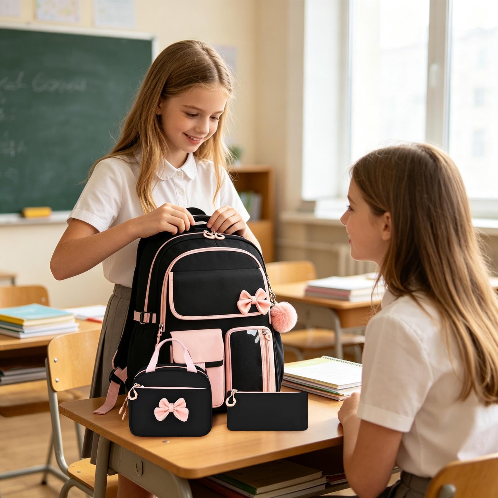 Rucksack für Mädchen mit Lunchbox 3-Teiliges Set Mit Schleife, Niedlich, | Schüler Reisetasche Für Schreibwaren Kleidung Geldbörse Outdoor Pendeln Reisen