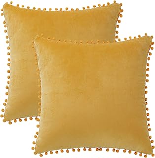 PiccoCasa Velvet Pillow Covers, 2PCS Pom Pom Throw Pillow Cover, Square Solid Soft Cushion Covers for Sofa Couch Bedroom Car Yellow 45 x45cm