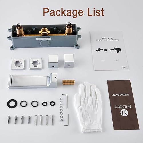 Miniatura 6 de MONDAWE Grifos de baño de montaje en pared con nivel de mango único grifo de lavabo de cascada grifo mezclador de lavabo en oro cepillado