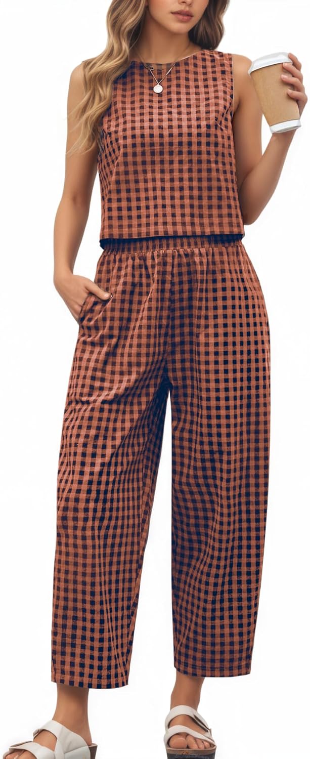 2 Piece Sets For Women 2025 Summer Matching Wide Leg Crop Pants Outfits Travel Vacation Beach Lounge Sets