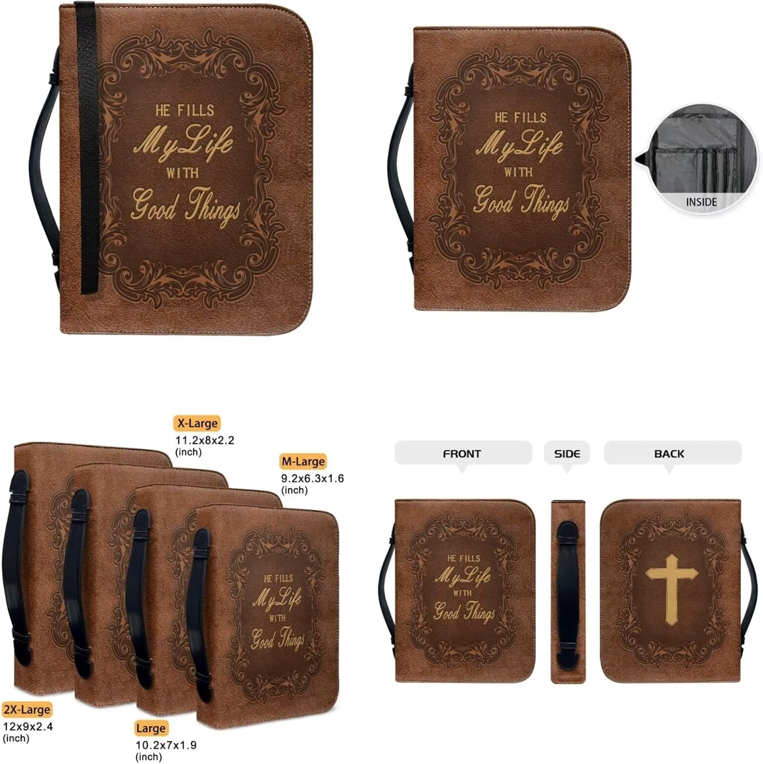 FOR U DESIGNS 10x7x1 Large Leather Bible Cover Case for Men Fashion Bible Covers with Notebook Pen Holder Sleeve Pouch Brown Cross Verse Print Church Bag