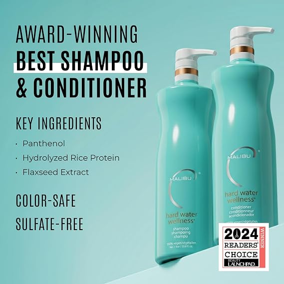 Malibu C Hard Water Wellness Shampoo and Conditioner Duo - Hydrating Hair Care for Shine & Manageability - Protects from Waterborne Elements That Cause Dry, Damaged Hair (33.8oz)