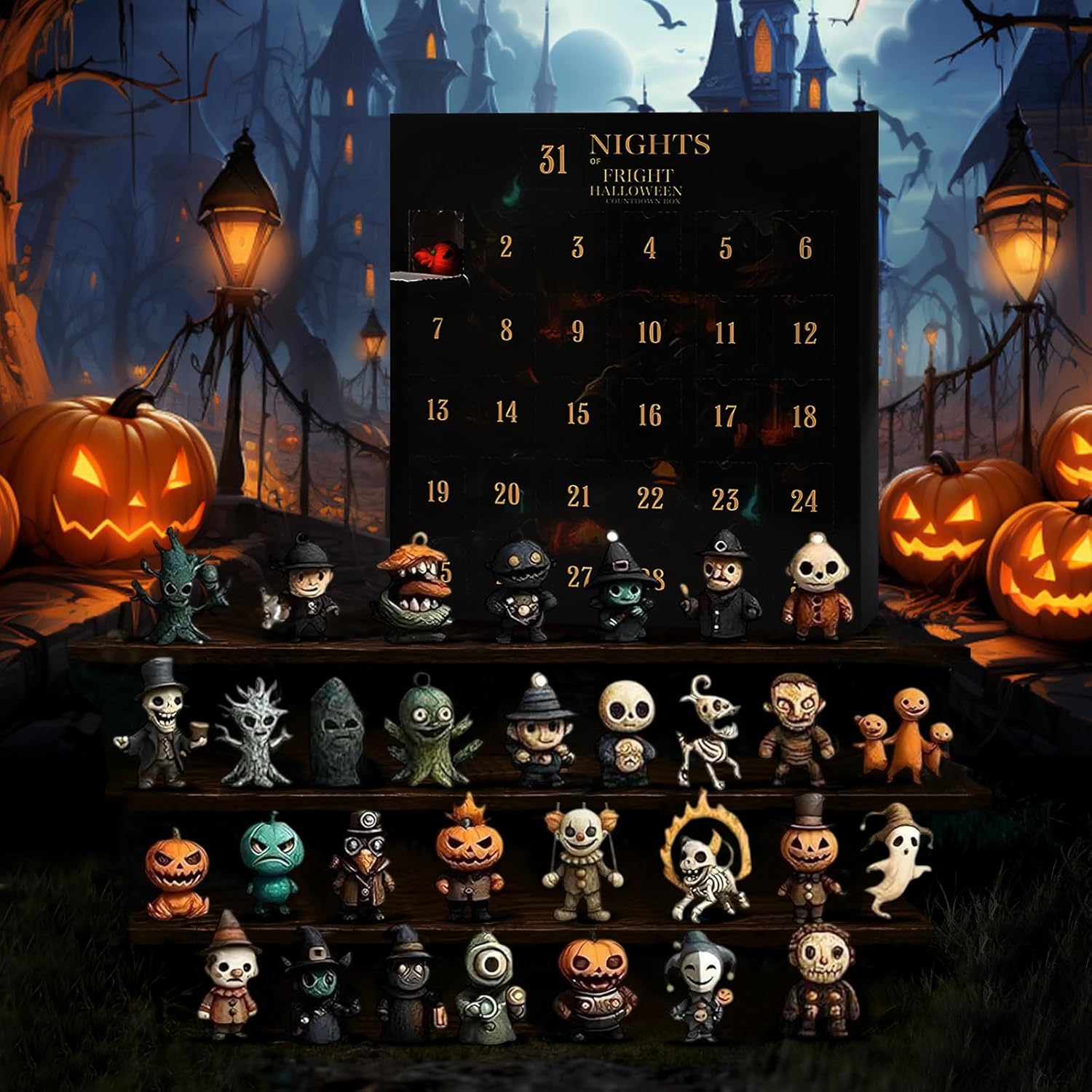 31 Nights of Fright Halloween Countdown Box, Halloween Advent Calendar 2025, Halloween Countdown Box with Figurines, Horror Action Figures Mini Decorations Surprise Christmas Gifts