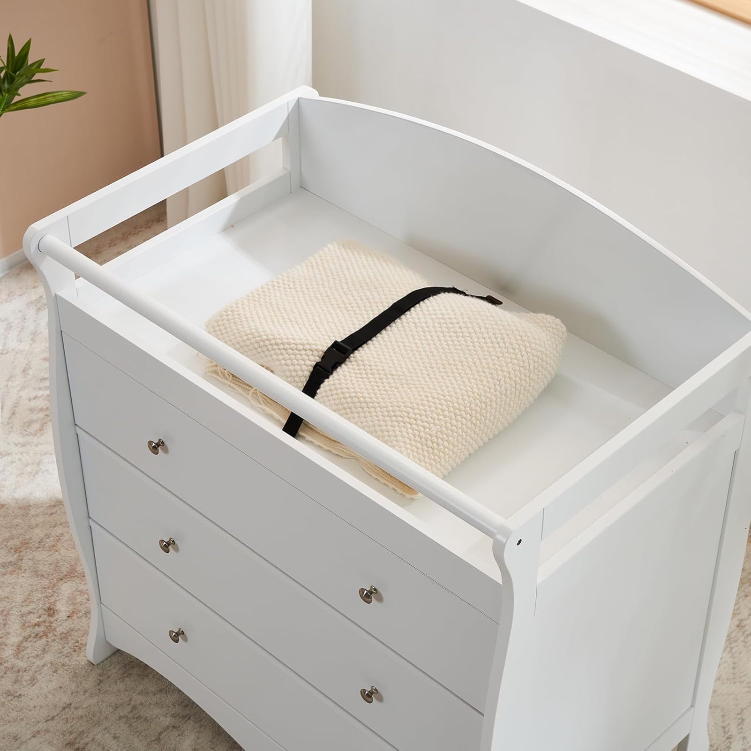 Changing Table Changing Station Table with 3 Drawers, Safety Rail & Strap for Bedroom, White