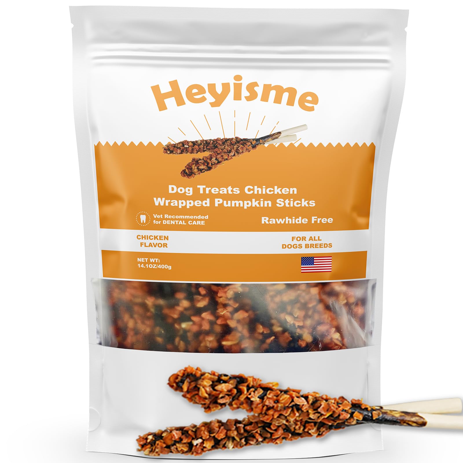 Chicken Wrapped Sticks Pumpkin Dog Treats,14.1oz Rawhide Free Natural Dental Chews,Dog Training Treats, Teeth Cleaning