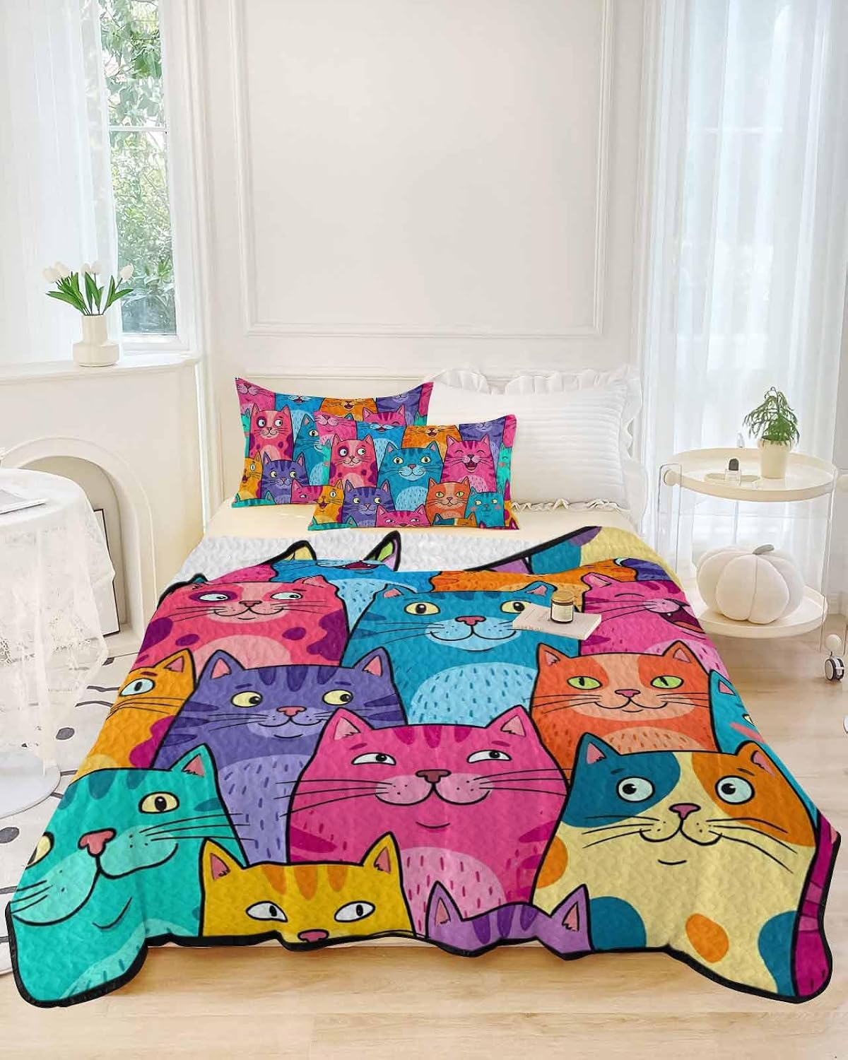 Children's Day Lovely Cats Twin XL Quilt Bedding Set,Summer Quilt Lightweight Quilted Coverlet with 2 Pillow Shams, Pink Blue Kitty 3-Piece Bedspread Quilt Set for All Season