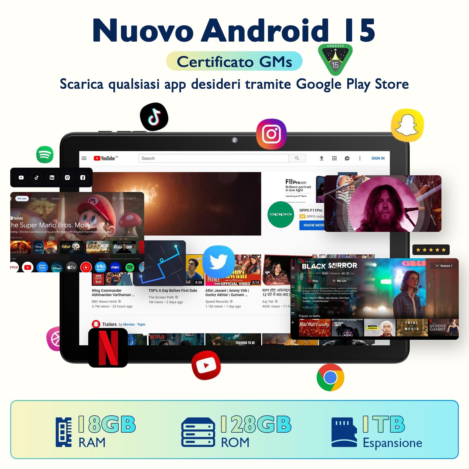 Rebecco Tablet 10 Pollici, Tablet Android 15 Gemini AI, 18GB RAM + 128GB ROM + 1TB TF, Octa-Core, Schermo Touch IPS HD 1280x800, Batteria 6000mAh, Widevine L1, WiFi 5G & BT 5.0, Doppia Fotocamera Z50